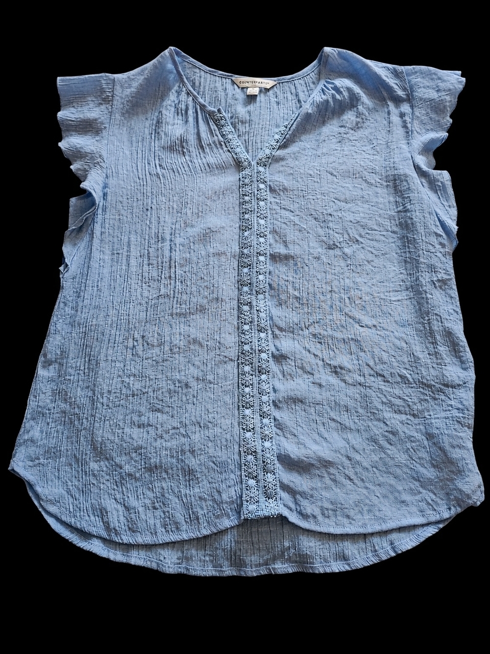 Counterparts Light Blue Crochet-Trim Cap Sleeve Blouse